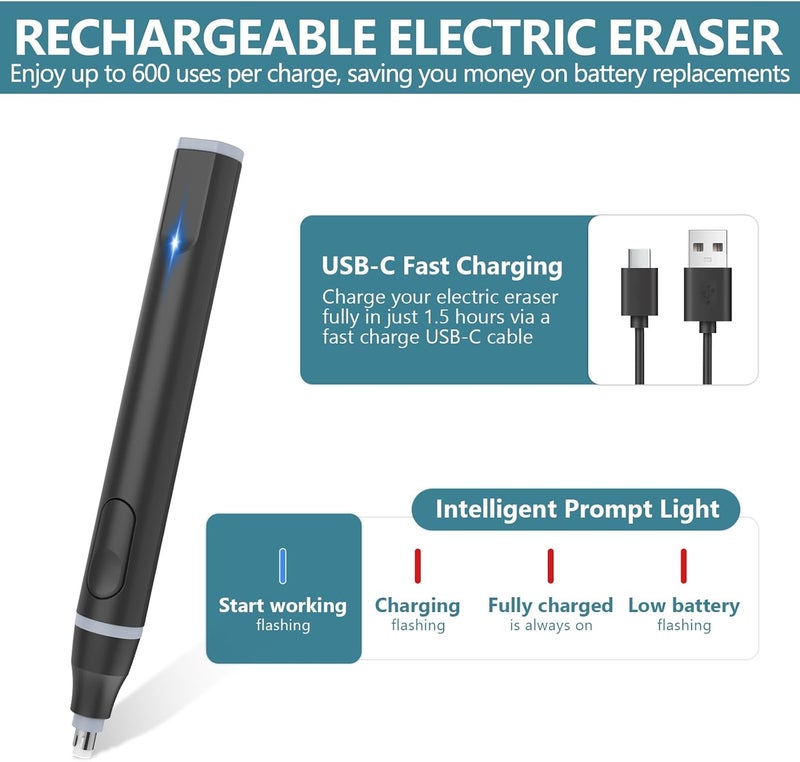 Foyucool Electric Eraser, USB C Rechargeable Pencil Eraser with 220 Eraser Refills, 2 Eraser Sizes, Comfort Grip Art Eraser for Drawing, Ideal for Artists, Students, Sketch, Engineers, Black - Image 2